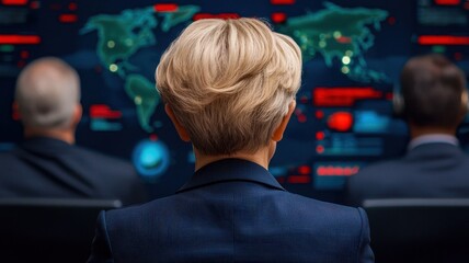 A focused professional monitors global data from a high-tech command center, emphasizing surveillance and strategic decision-making.