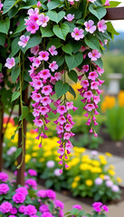 Obraz premium Flowering Vine Cascade - A cascade of flowers falling down from a vine-covered trellis. background copyspace