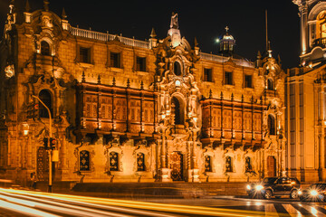 Night View of Historic Colonial Building in Lima, Peru with Light Trails