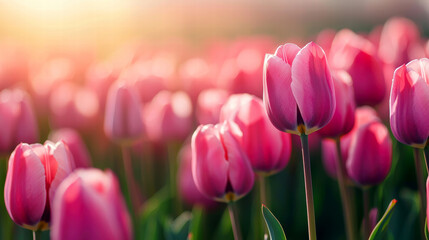 Blooming pink tulips in a sunlit garden