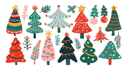 Set of isolated Christmas trees in cute doodle hand-drawn style on a transparent background. Volume 2: Vivid red and green color tones.