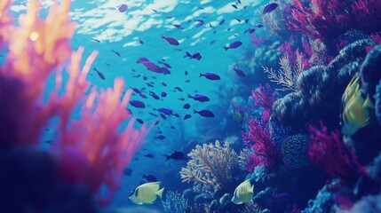 Naklejka premium A stunning view of a coral reef underwater, filled with colorful fishes and diverse marine life amidst vibrant coral formations.