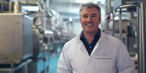 Fototapeta premium Portrait of a quality control inspector standing in a manufacturing plant, smiling