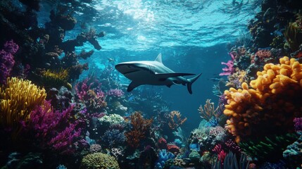 Fototapeta premium A shark swimming gracefully through a vibrant coral reef filled with colorful corals and marine life, showcasing the beauty of underwater ecosystems.