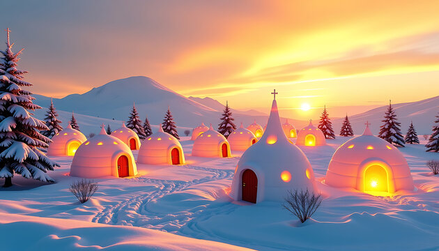 Twinkling Igloo Village - A village of glowing igloos in a snowy landscape. background copyspace