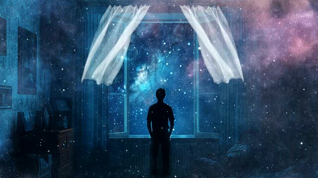 Silhouette of man staring through window into galaxy-filled night sky. Seamless looping 4k time-lapse animation video background  
