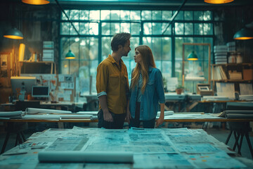 Couple sharing a romantic moment in an artistic workspace filled with blueprints and papers during late afternoon