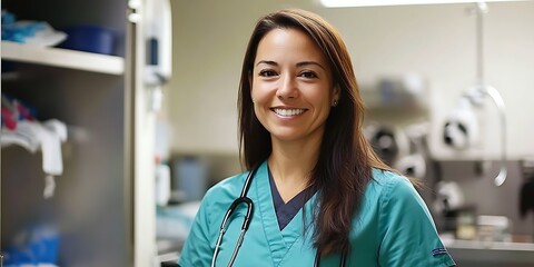 Female veterinary technician standing proudly in a pet clinic, smiling, portrait shot
