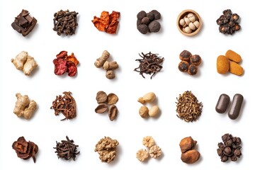 Obraz premium Traditional Chinese herbs and medicine set against a white background