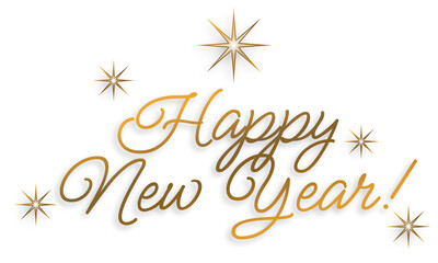 Happy New Year written in gold color, with stars.