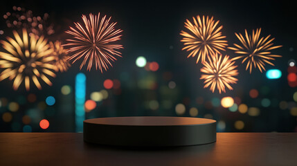 floating glass podium with vibrant fireworks backdrop
