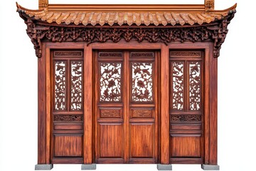 Traditional Chinese wooden door on white background isolated with clipping path