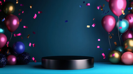 festive scene with metallic podium and colorful balloons