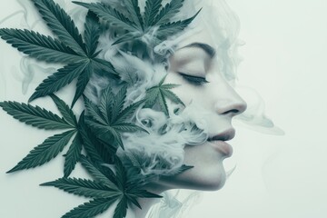 A serene profile of a woman surrounded by cannabis leaves and wisps of smoke, blending nature with a calming aesthetic.