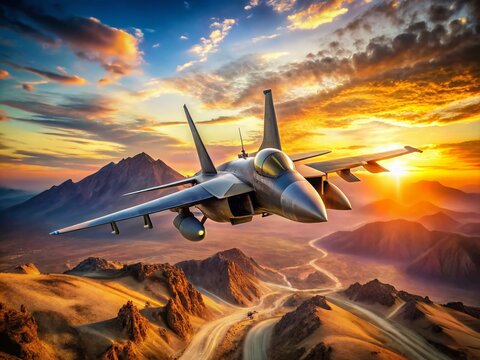 F-15C Eagle Jet Fighter Landscape: Stunning Aerial Views, Military Aircraft Photography, Desert Scenery, Sunrise, Sunset, Mountain Range Background