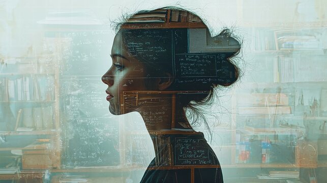Teacher's profile in double exposure art and inspiration in an educational space
