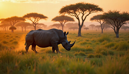 Obraz premium Rhinoceros walking gracefully through golden grassland at sunset surrounded by acacia trees