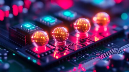 Obraz premium Glowing Futuristic Quantum Processor Chip on Circuit Board