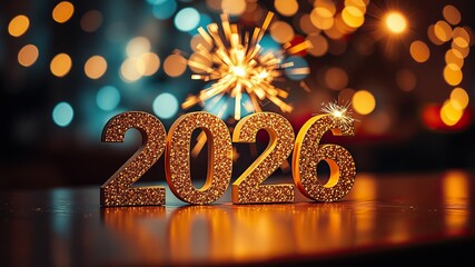 Silvester Sylvester 2026 New year New Year's Eve Party background banner panorama illustration - Abstract gold firework fireworks on dark green texture with bokeh lights