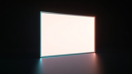 A minimalist, illuminated rectangular frame stands against a dark background, casting a soft glow from its edges, creating a modern and serene ambiance.