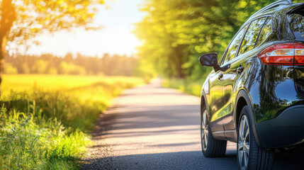 black car parked on scenic countryside road surrounded by greenery and sunlight