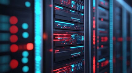 Naklejka premium Quantum Computing Chip Embedded in Futuristic Server with Holographic Light Projections