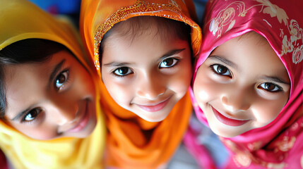 Three smiling girls wearing colorful hijabs, showcasing joy and diversity