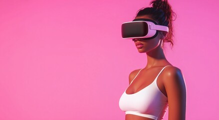 Portrait of a beautiful woman wearing a virtual reality headset and doing yoga on a pink background.
