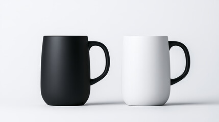 A sleek black and white mug pair stands elegantly against a clean background, showcasing modern minimalistic design for stylish beverage enjoyment.