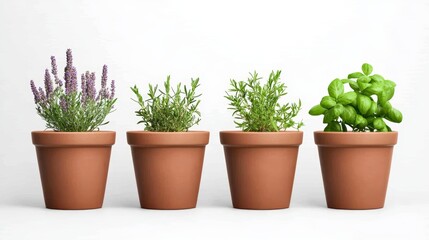 Obraz premium A row of four terracotta pots, each filled with vibrant herbs: lavender, rosemary, thyme, and basil, showcasing a delightful greenery display.