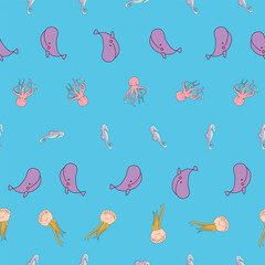 Vector Cute Marine Life Animals Seamless Pattern for kids room decor, textiles and wallpapers.