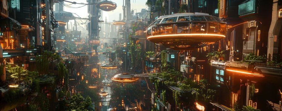 Hovercraft traffic flows futuristic cityscape digital art urban environment aerial view neon dreams