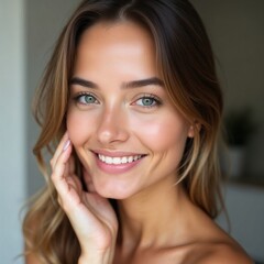 Close Up Portrait of a Young Woman with Radiant Skin Smiling,  Natural Beauty, Wellness, and Self-Care Concept
