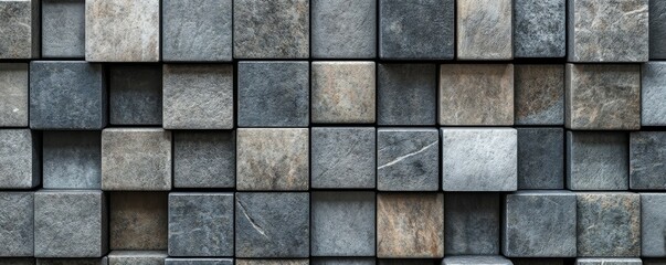 Textured Mosaic Tiles arranged in the shape of a wall. Semigloss, Square, Blocks stacked to create a Natural Stone block background.