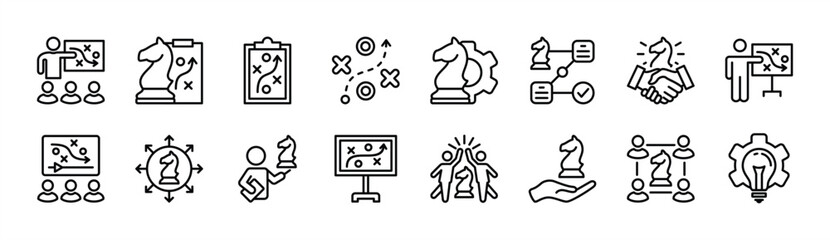 Successful business strategy thin line icon vector set. Containing teamwork, plan, workflow, idea, solution, presentation, management, connection, handshake, organization, online, cooperation