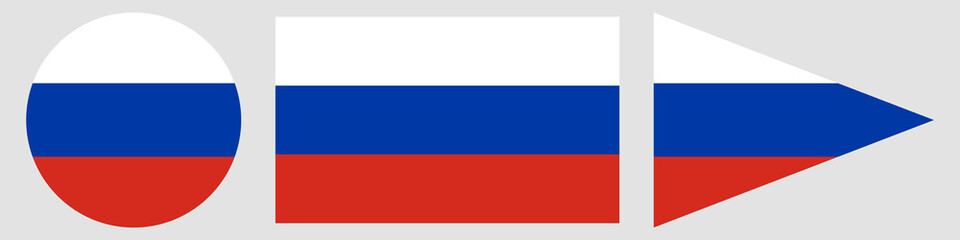 Set of Russian flags in different shapes – circle, rectangle, and pennant design with white, blue, and red horizontal stripes, symbolizing Russia’s national identity