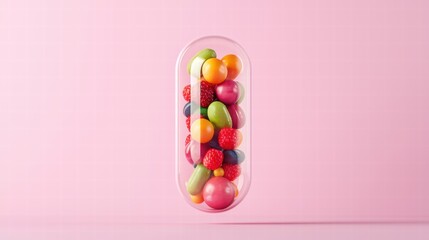 Colorful capsule filled with assorted fruits on pink background