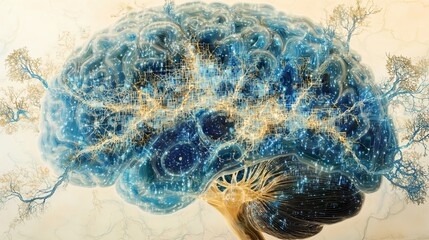 Neuroscience AI research concept:Cross-section of a human brain with digital neural networks overlaying biological structures, intricate circuit-like pathways replacing neural connections,illustration