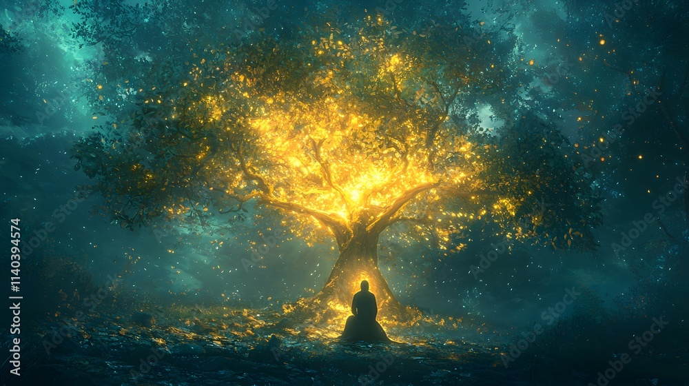 Poster a glowing tree in the middle of a dark forest, its branches casting light on a figure kneeling at it