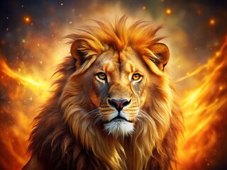 Fototapeta premium Fiery Lion King: Majestic African Wildlife, Powerful Predator, Golden Mane, Wild Cat Portrait