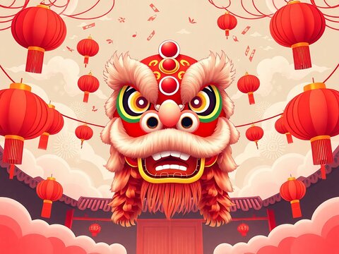 Colorful illustration of an iconic lion dance in a festive atmosphere celebrating the Lunar New Year.