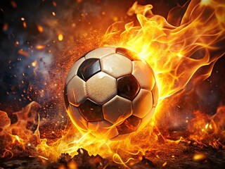 Fiery Soccer Ball Macro Photography: Extreme Close-Up Burning Football Image