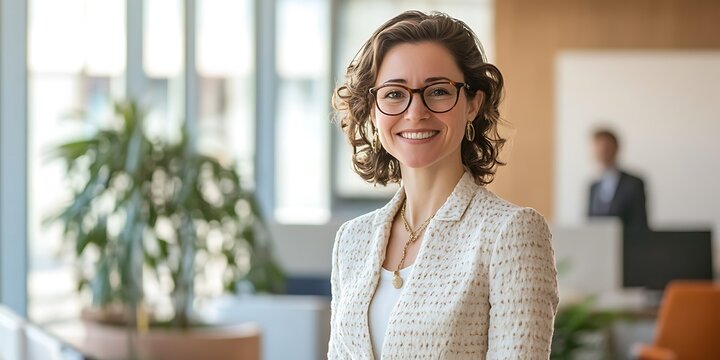 Portrait of a government official standing confidently in a public office, smiling, with copy space