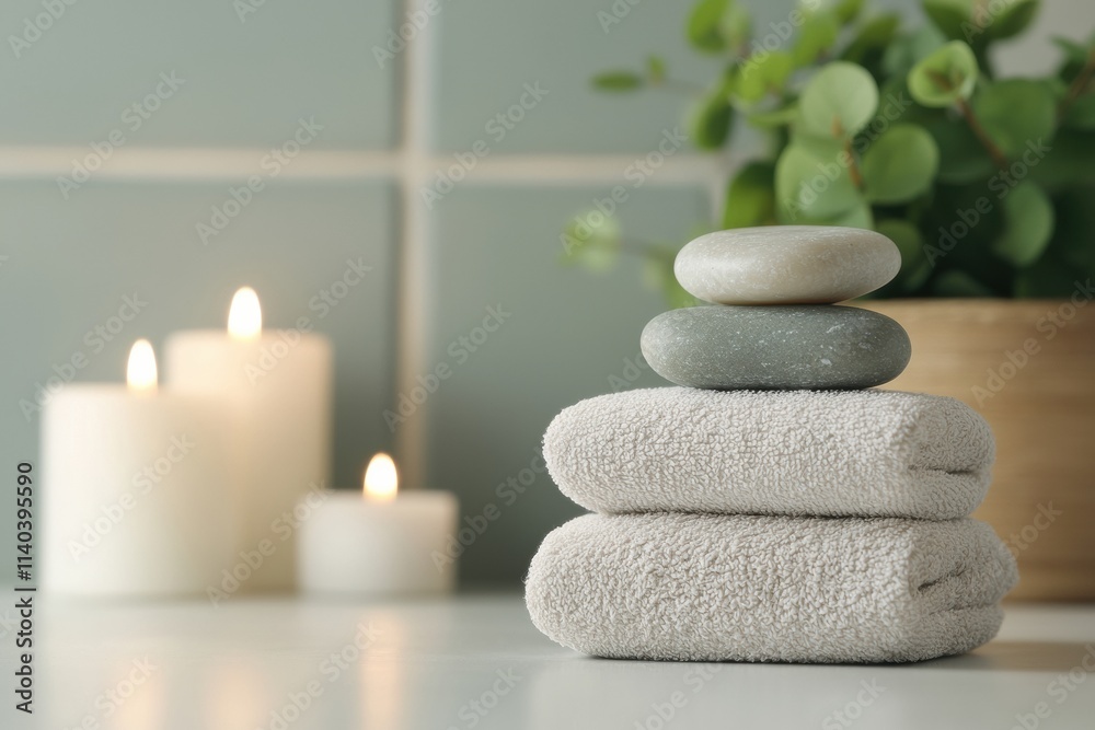 Poster stacked spa stones balancing on fluffy towels, creating a serene ambiance with burning candles