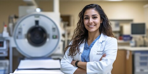 Portrait of radiology technician standing confidently in diagnostic lab, focused on medical imaging