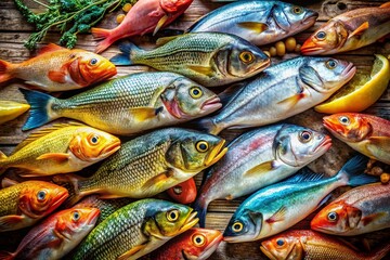 Obraz premium Fisherman's Bounty: Stacked Fish, Coastal Still Life, Seafood Harvest, Fishing Industry, Ocean Catch Photography