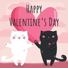 Valentine card with two hand drawn cats in love with heart on pink sunset background. Vector illustration