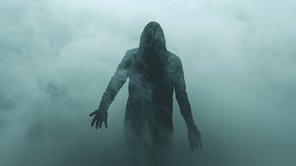 Fototapeta premium A lone silhouette walking through a dense fog, shadowy hands reaching out toward them