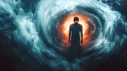 A person with glowing eyes standing in the center of a swirling vortex of shadows, their face showing anguish