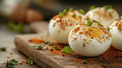 A plate of eggs with a sprinkle of herbs on top. There are four eggs on the plate